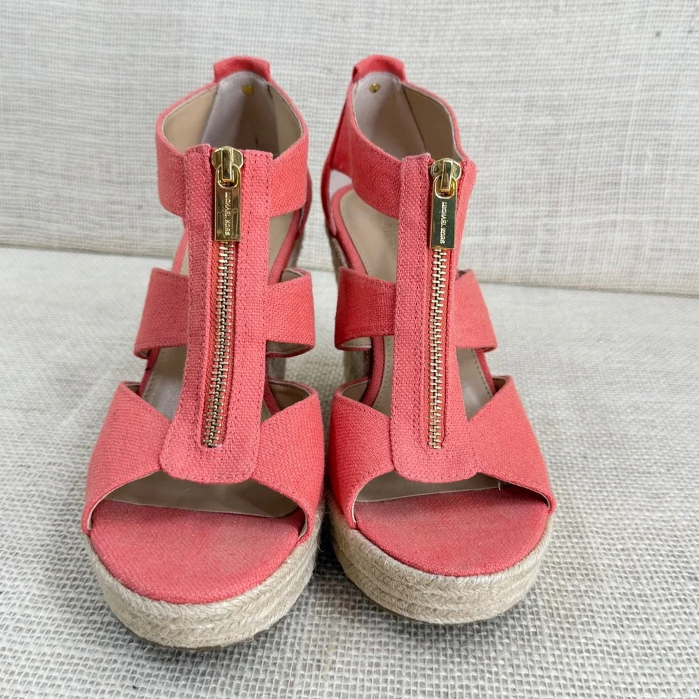 Michael Michael Kors Damita Coral Pink Canvas Espadrille Wedge Sandals‎ Size 8M